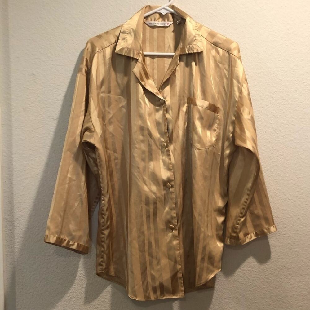 Vintage Victoria's Secret Orange Heart Label Striped Satin Sleep Shirt Size S